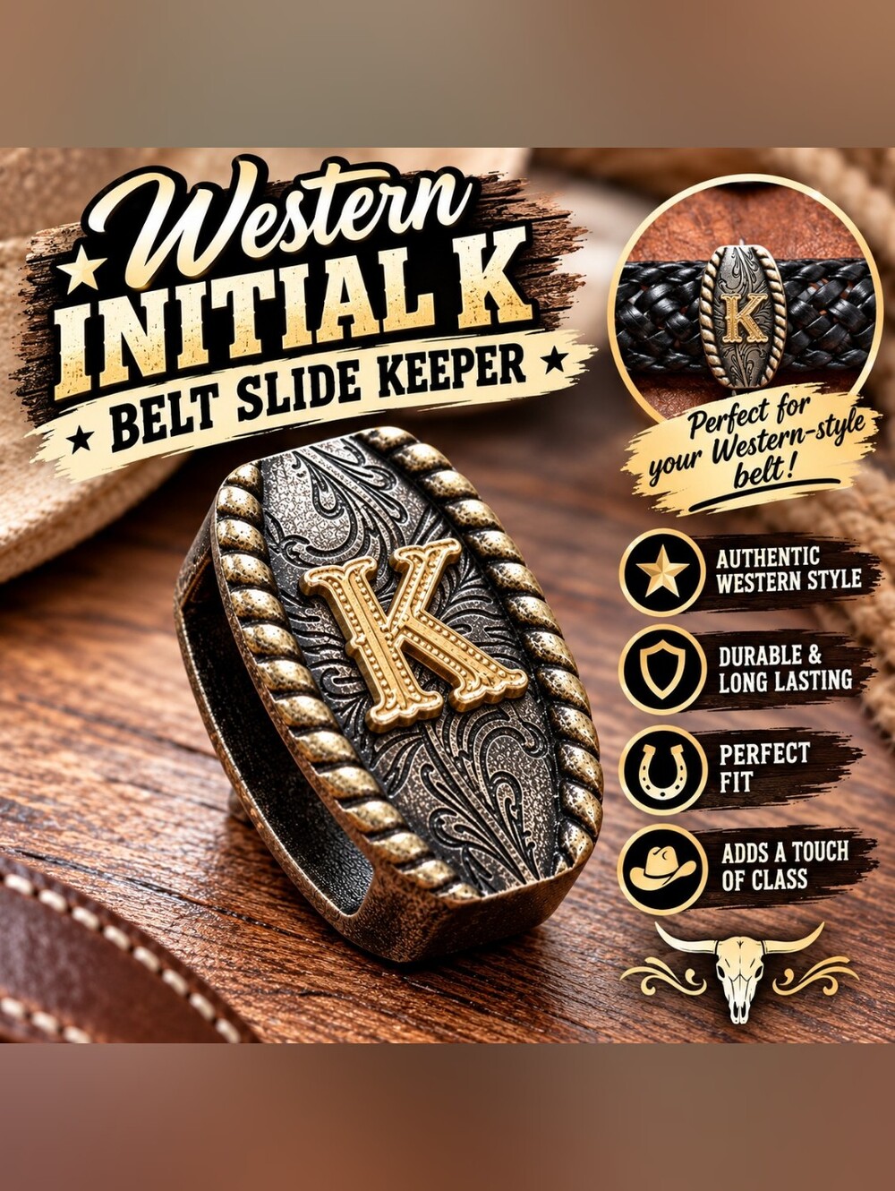 Western Initial K Belt Slide Keeper Two Tone Floral Scroll Rope Edge Oval